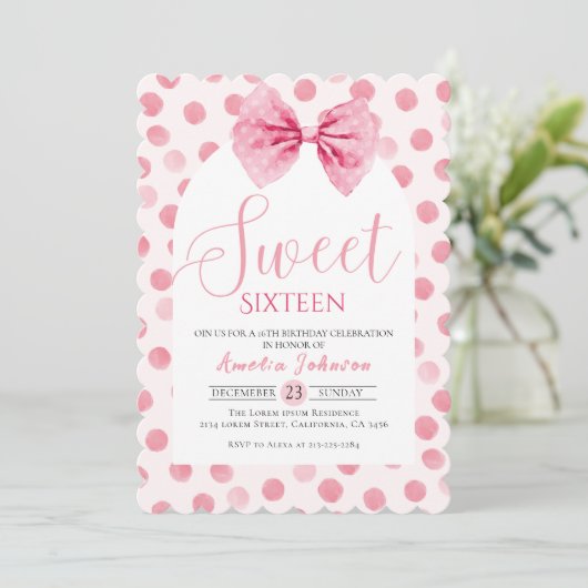 Blush Pink Bow polka dots Sweet zestien verjaardag Kaart (Staand voorkant)