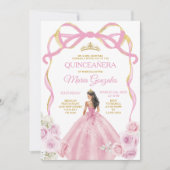 Blush Pink Bow Princess Gold Crown Quinceañera Kaart (Voorkant)