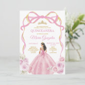 Blush Pink Bow Princess Gold Crown Quinceañera Kaart (Staand voorkant)