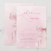 Blush Pink Bow Ribbon Girls 20th Birthday Party Kaart (Voorkant / Achterkant)