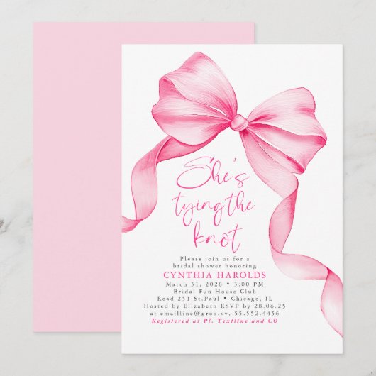 Blush Pink Bow She's Tying the Knot Bridal Shower Kaart (Voorkant / Achterkant)