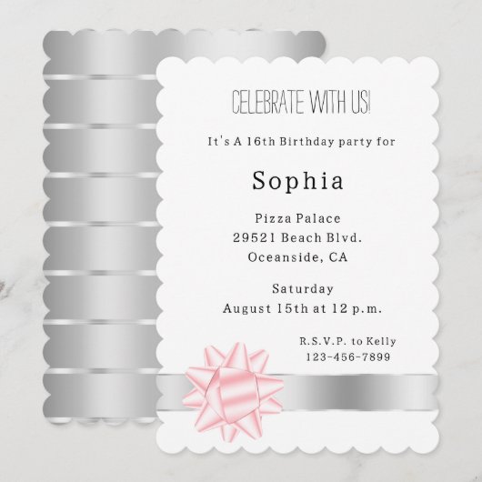 Blush Pink Bow Silver Glam Ribbon Verjaardag Kaart (Voorkant / Achterkant)