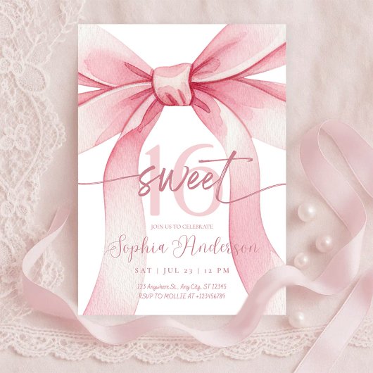 Blush Pink Bow Sweet 16 Invitation Kaart