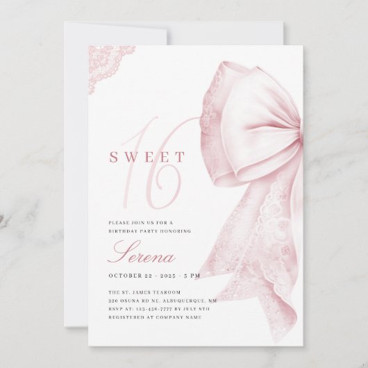 Blush Pink Bow Sweet 16 Verjaardag Kaart (Voorkant)