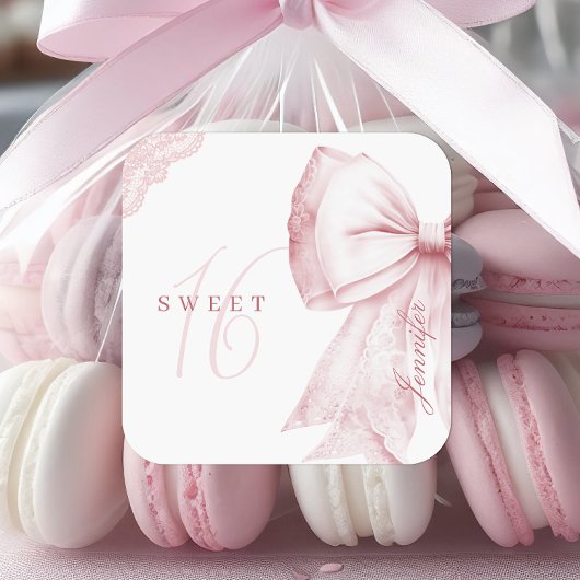 Blush Pink Bow Sweet 16 Verjaardag Vierkante Sticker
