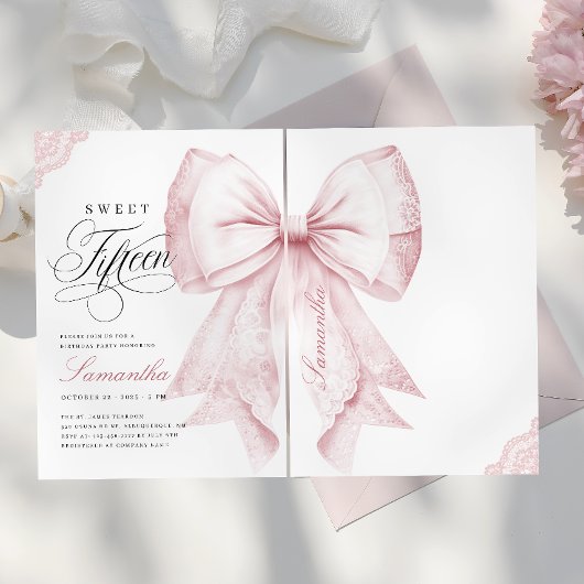 Blush Pink Bow Sweet Fifteen Birthday Kaart