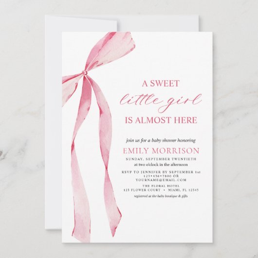 Blush Pink Bow Sweet Little Girl Baby shower Kaart (Voorkant)