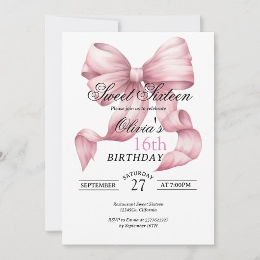 Blush Pink Bow Sweet Sixteen Birthday Kaart (Voorkant)