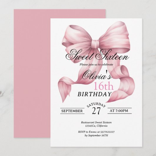 Blush Pink Bow Sweet Sixteen Birthday Kaart (Voorkant / Achterkant)