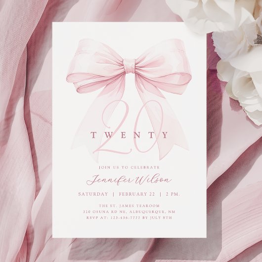 Blush Pink Bow Twenty Birthday Kaart