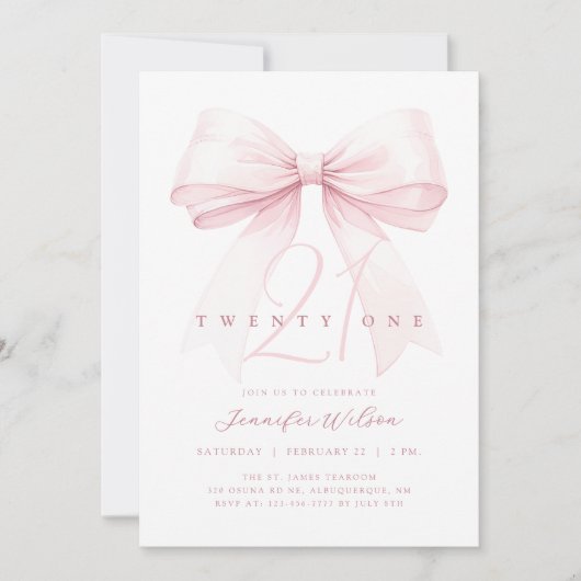 Blush Pink Bow Twenty One Verjaardag Uitnodiging (Voorkant)