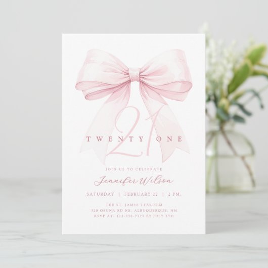 Blush Pink Bow Twenty One Verjaardag Uitnodiging (Staand voorkant)