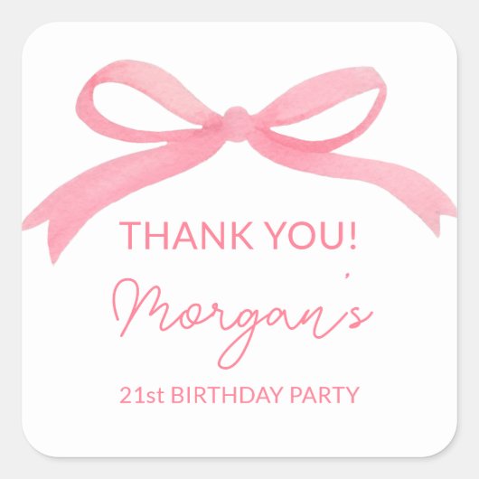 Blush Pink Bow Verjaardagsfeestje Schattige Vierkante Sticker (Voorkant)