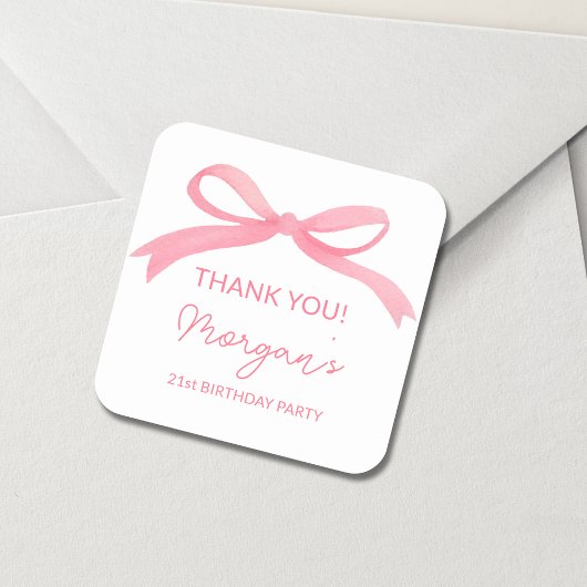 Blush Pink Bow Verjaardagsfeestje Schattige Vierkante Sticker
