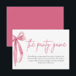 Blush Pink Bow Vrijgezellenfeest De Panty Game Kaa Kaart<br><div class="desc">De "Blush Pink Bow: She's Tying the Knot" Vrijgezellenfeest Panty Game Kaarten zijn een speelse en onderhoudende activiteit voor gasten om deel te nemen tijdens de viering. Elke kaart heeft een ander type slipje of lingerie-item en gasten moeten een slipje meenemen dat overeenkomt met de beschrijving op hun kaart. De...</div>