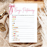 Blush Pink Bow Vrijgezellenfeest Emoji Pictionary  Kaart<br><div class="desc">ANTWOORDEN: 1. LIEFDE ZOETE LIEFDE 2. BRUID-TO-BE 3. VRIJGEZELLENFEEST 4. RINGDRAGER 5. HUWELIJKSREIS 6. GOOI HET BOEKET 7. KUS DE BRUID 8. TOT DE DOOD ONS DEEL 9 DOET. BRIDEZILLA 10. LIEFDE VOOR DE MAAN EN TERUG 11. BESTEMMING BRUILOFT 12. WIL JE MET ME TROUWEN? — Voeg een moderne twist...</div>