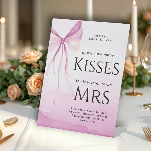 Blush Pink Bow Vrijgezellenfeest Raad eens hoeveel Reclamebord Met Voetstuk