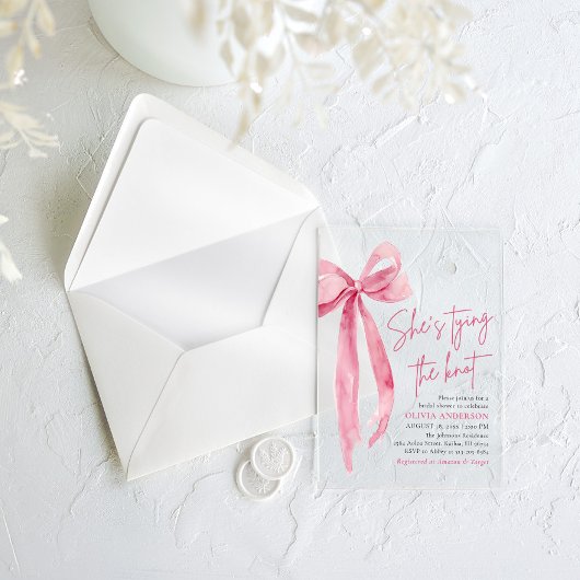 Blush Pink Bow Ze is Tying the Knot Vrijgezellenfe Acryl Uitnodigingen
