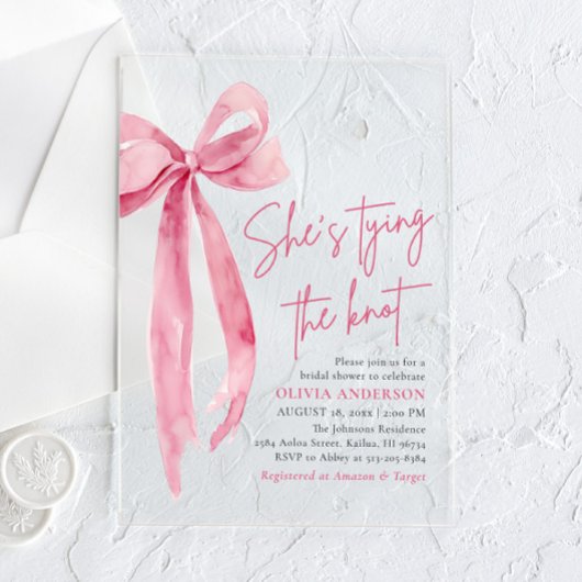 Blush Pink Bow Ze is Tying the Knot Vrijgezellenfe Acryl Uitnodigingen