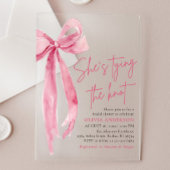 Blush Pink Bow Ze is Tying the Knot Vrijgezellenfe Acryl Uitnodigingen