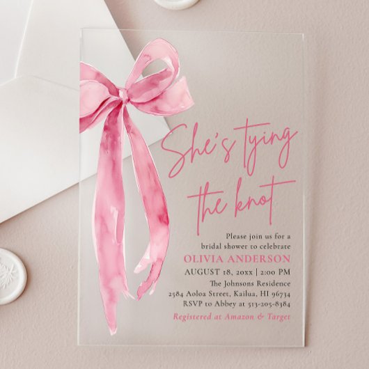 Blush Pink Bow Ze is Tying the Knot Vrijgezellenfe Acryl Uitnodigingen
