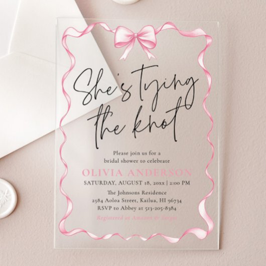 Blush Pink Bow Ze is Tying the Knot Vrijgezellenfe Acryl Uitnodigingen