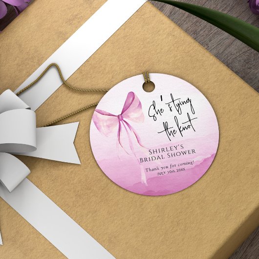 Blush Pink Bow Ze is Tying the Knot Vrijgezellenfe Bedankjes Labels