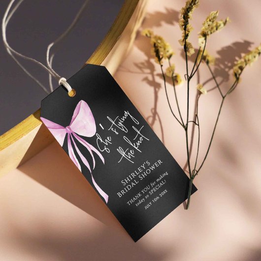 Blush Pink Bow Ze is Tying the Knot Vrijgezellenfe Cadeaulabel