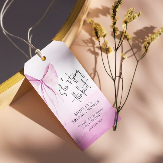 Blush Pink Bow Ze is Tying the Knot Vrijgezellenfe Cadeaulabel