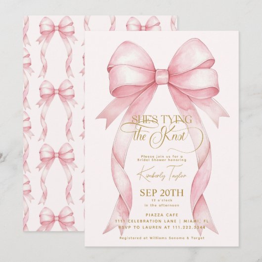 Blush Pink Bow Ze is Tying the Knot Vrijgezellenfe Kaart (Voorkant / Achterkant)