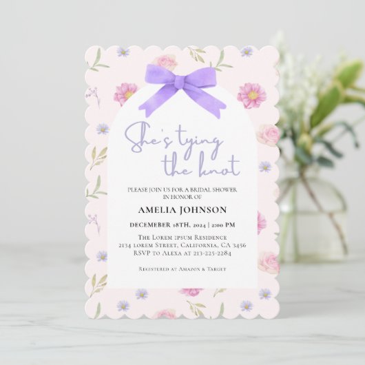 Blush Pink Bow Ze is Tying the Knot Vrijgezellenfe Kaart (Staand voorkant)