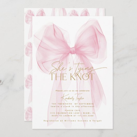 Blush Pink Bow Ze is Tying the Knot Vrijgezellenfe Kaart (Voorkant / Achterkant)