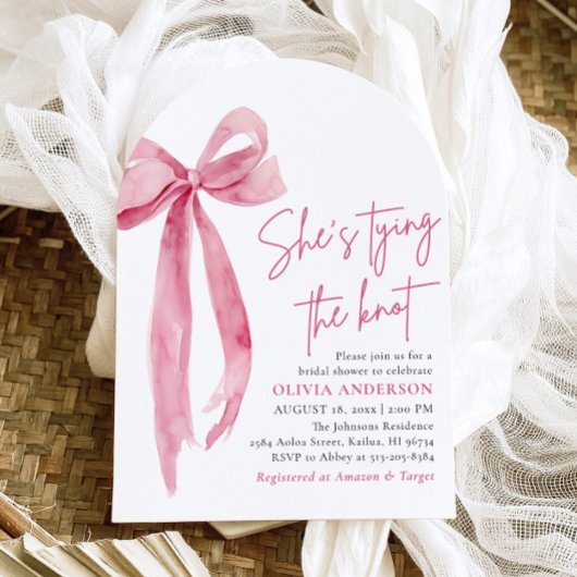 Blush Pink Bow Ze is Tying the Knot Vrijgezellenfe Kaart