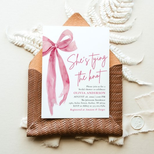 Blush Pink Bow Ze is Tying the Knot Vrijgezellenfe Kaart