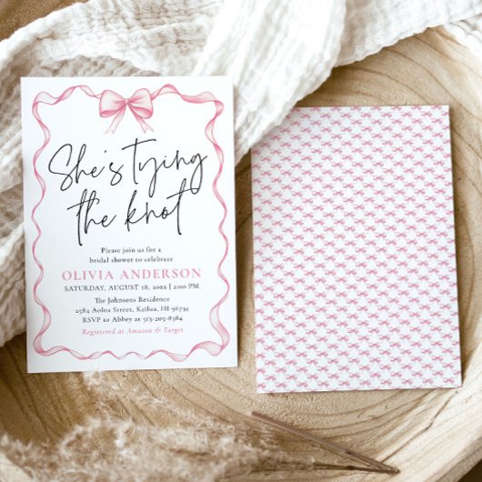 Blush Pink Bow Ze is Tying the Knot Vrijgezellenfe Kaart