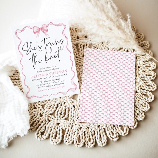 Blush Pink Bow Ze is Tying the Knot Vrijgezellenfe Kaart