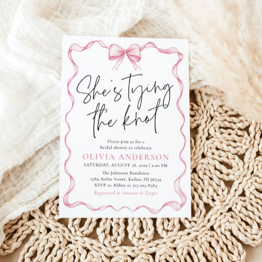 Blush Pink Bow Ze is Tying the Knot Vrijgezellenfe Kaart