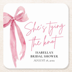 Blush Pink Bow Ze is Tying the Knot Vrijgezellenfe Kartonnen Onderzetters