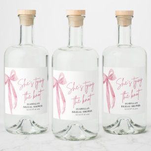 Blush Pink Bow Ze is Tying the Knot Vrijgezellenfe Likeurfles Etiket