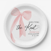 Blush Pink Bow Ze is Tying the Knot Vrijgezellenfe Papieren Bordje (Voorkant)
