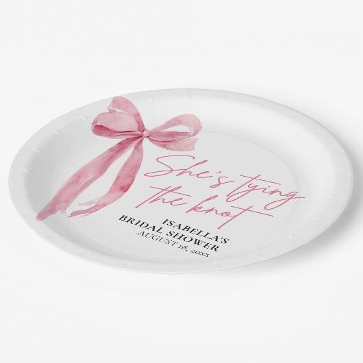 Blush Pink Bow Ze is Tying the Knot Vrijgezellenfe Papieren Bordje (Gekanteld)