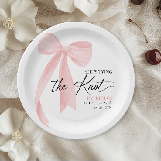 Blush Pink Bow Ze is Tying the Knot Vrijgezellenfe Papieren Bordje