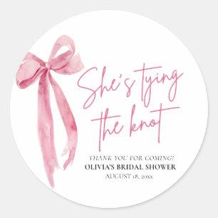 Blush Pink Bow Ze is Tying the Knot Vrijgezellenfe Ronde Sticker