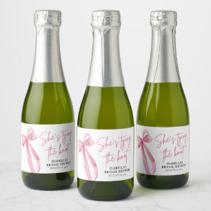 Blush Pink Bow Ze is Tying the Knot Vrijgezellenfe Sparkling Wijnetiket