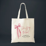 Blush Pink Bow Ze is Tying the Knot Vrijgezellenfe Tote Bag<br><div class="desc">De "Blush Pink Bow: She's Tying the Knot" Vrijgezellenfeesten Canvas tas is een stijlvol en praktisch accessoire voor de aanstaande bruid en haar bruidsfeestje. Met zijn elegante blush roze strik ontwerp, deze canvas tas voegt een vleugje verfijning toe aan elk vrijgezellenfeest viering. Ruim genoeg om essentiële zaken zoals make-up, haar...</div>