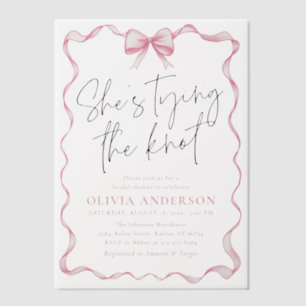 Blush Pink Bow Ze is Tying the Knot Vrijgezellenfe Vellum Uitnodigingen