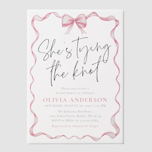 Blush Pink Bow Ze is Tying the Knot Vrijgezellenfe Vellum Uitnodigingen (Voorkant)