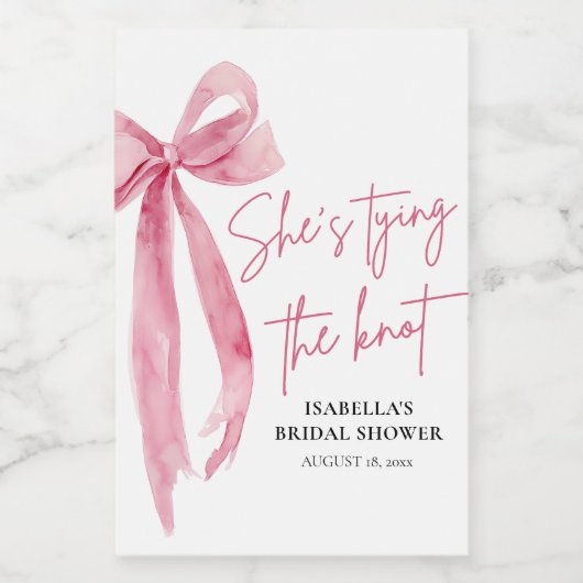Blush Pink Bow Ze is Tying the Knot Vrijgezellenfe Wijn Etiket (Enkel label)
