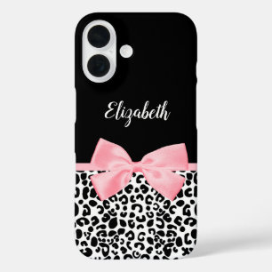 Blush Pink Bow Zwart Wit Leopard Print Patroon iPhone 16 Hoesje
