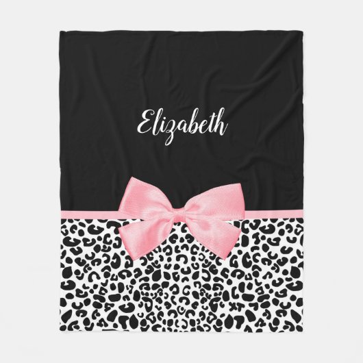 Blush Pink Bow Zwart Wit Leopard Print Patroon Fleece Deken (Voorkant)